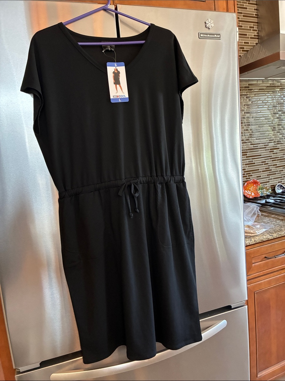 Everyday V-Neck Drawstring Mini Dress in Black